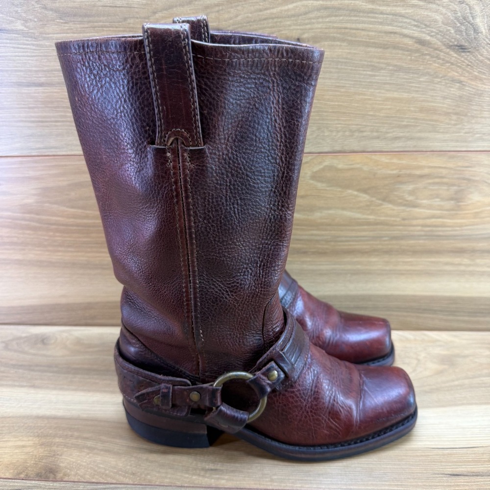 FRYE FLAWED Belted Harness 12 R Biker Boots Womens 6 M Square Toe Reddish Brown